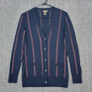 Ralph Lauren Rugby Cardigan Sweater Womens Small Blue Striped 100% Merino Wool